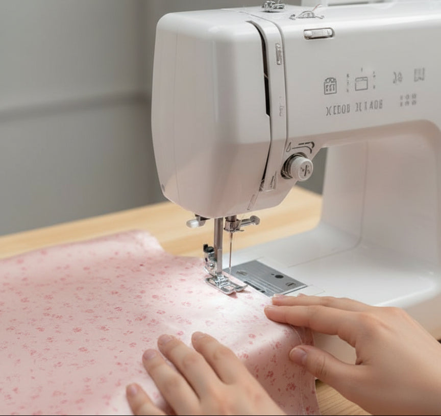 Person using a sewing machine on pink fabric with floral patterns.