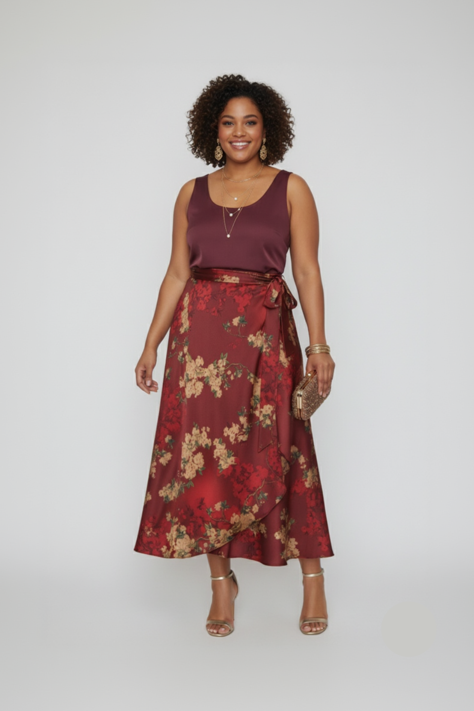 Woman wearing a burgundy sleeveless top and floral skirt on a white background