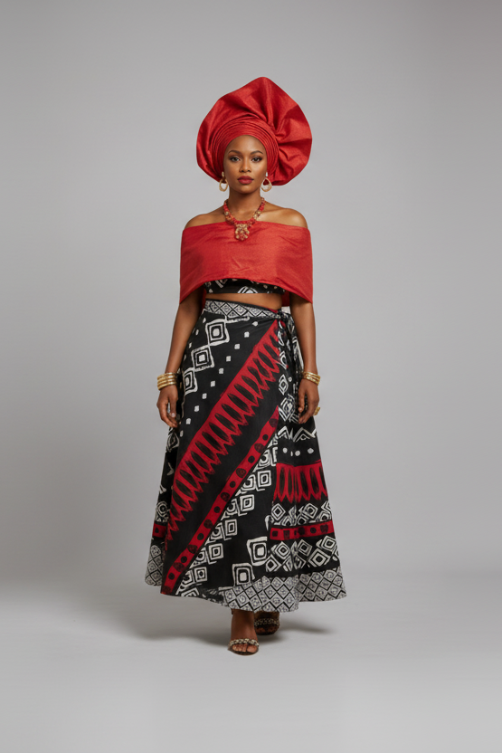 Woman wearing a red top and black patterned skirt with a red headwrap on a beige background