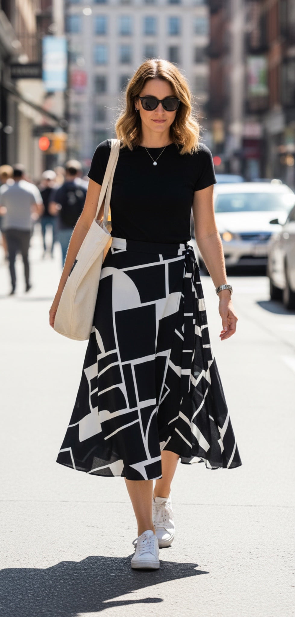Woman walking on a city street wearing a black top and geometric-patterned skirt.
