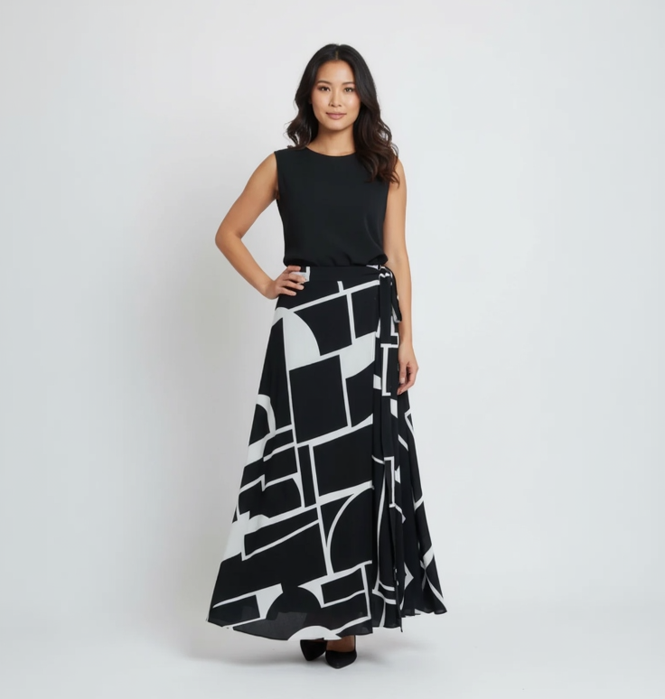 Woman wearing a black sleeveless top and a long, patterned skirt on a white background