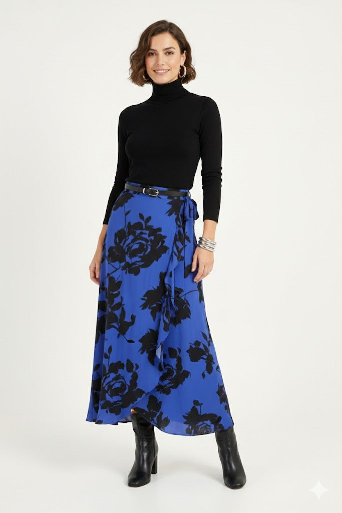 Woman wearing a black turtleneck and blue floral skirt on a white background