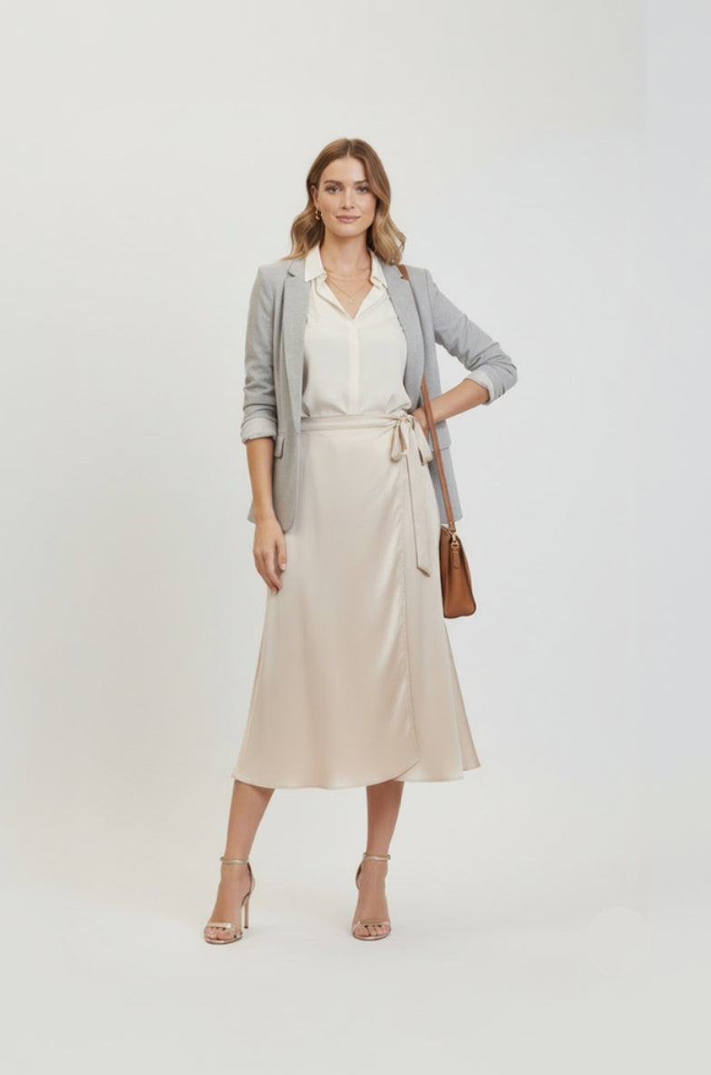 Woman wearing a light gray blazer, white shirt, beige skirt, and beige heels on a white background