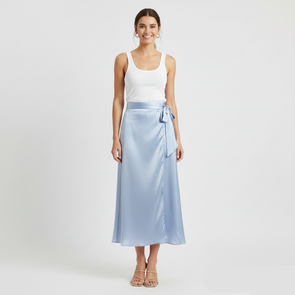 Woman wearing a light blue satin skirt with a white top on a white background