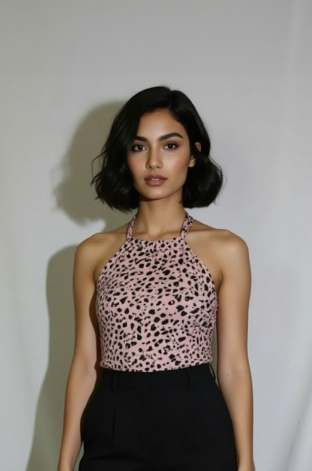 Woman wearing a pink leopard print top and black pants against a plain background
