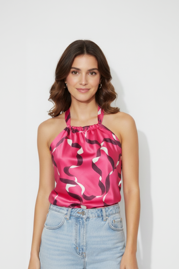 Woman wearing a pink satin top with a black and white pattern and light blue jeans on a white background