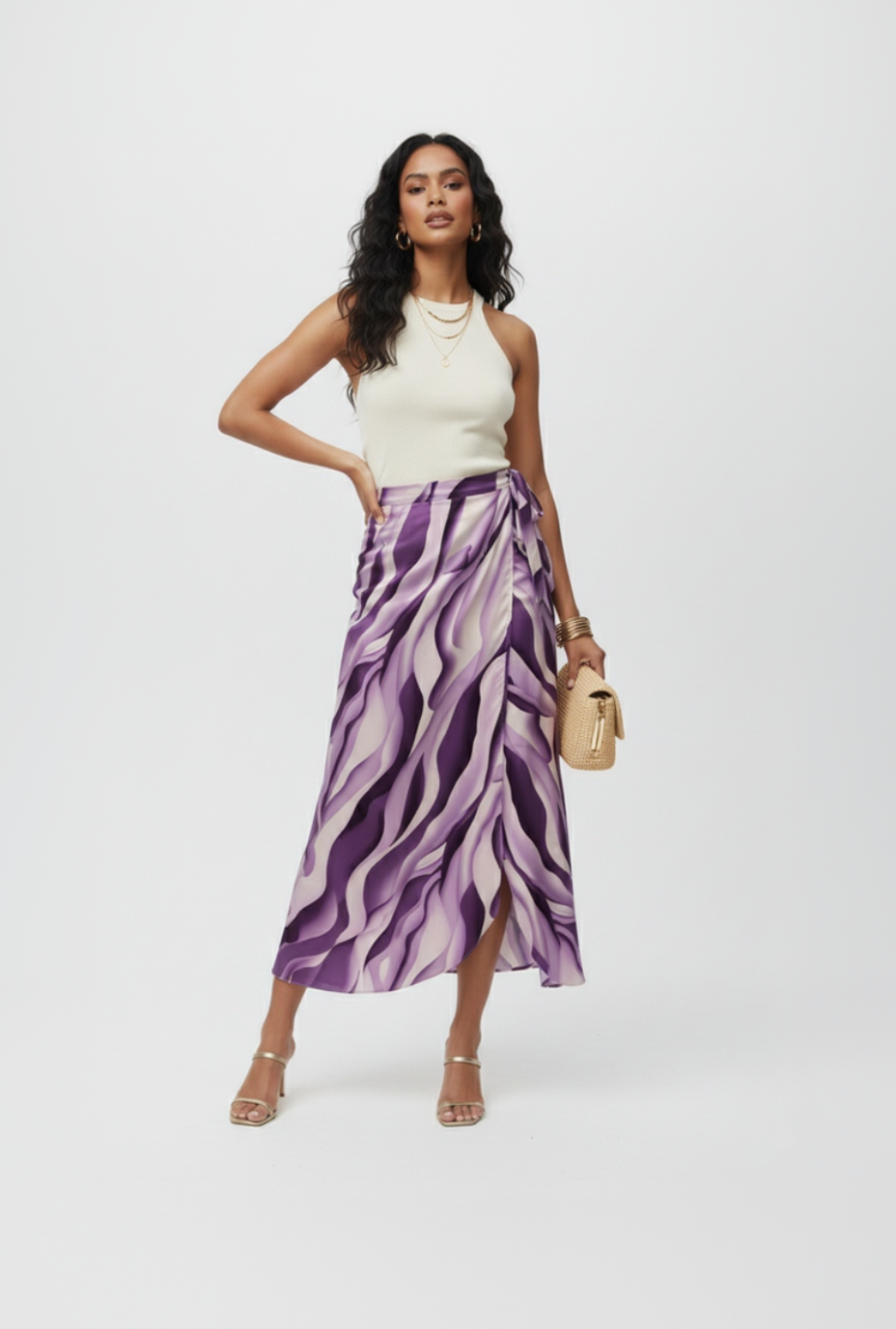Woman wearing a white top and purple swirl print skirt on a white background
